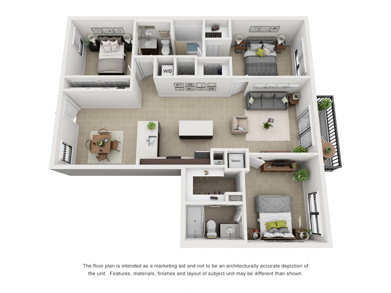 Floor plan for 3 beds, 2 baths, 1295 sqft